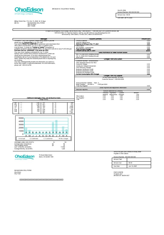 USA Ohio Edison business utility bill Word and PDF template PSD template